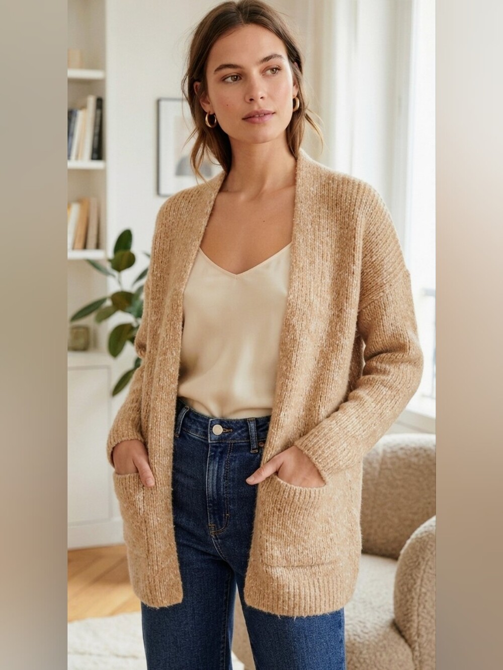Pink Rose Neutral Tan Long Knit Cardigan Sweater Size S